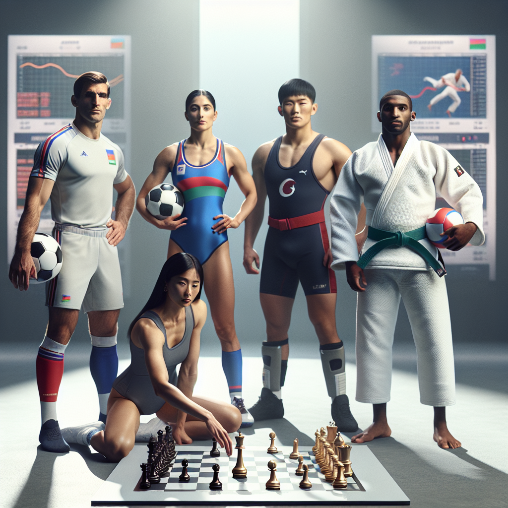 Azerbaijani football, wrestling, judo, chess athletes with medals and calendar backdrop.